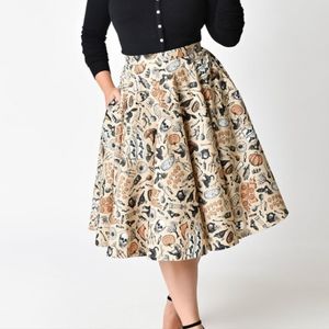 Unique Vintage Retro Cream Halloween Print High Waist Swing Skirt